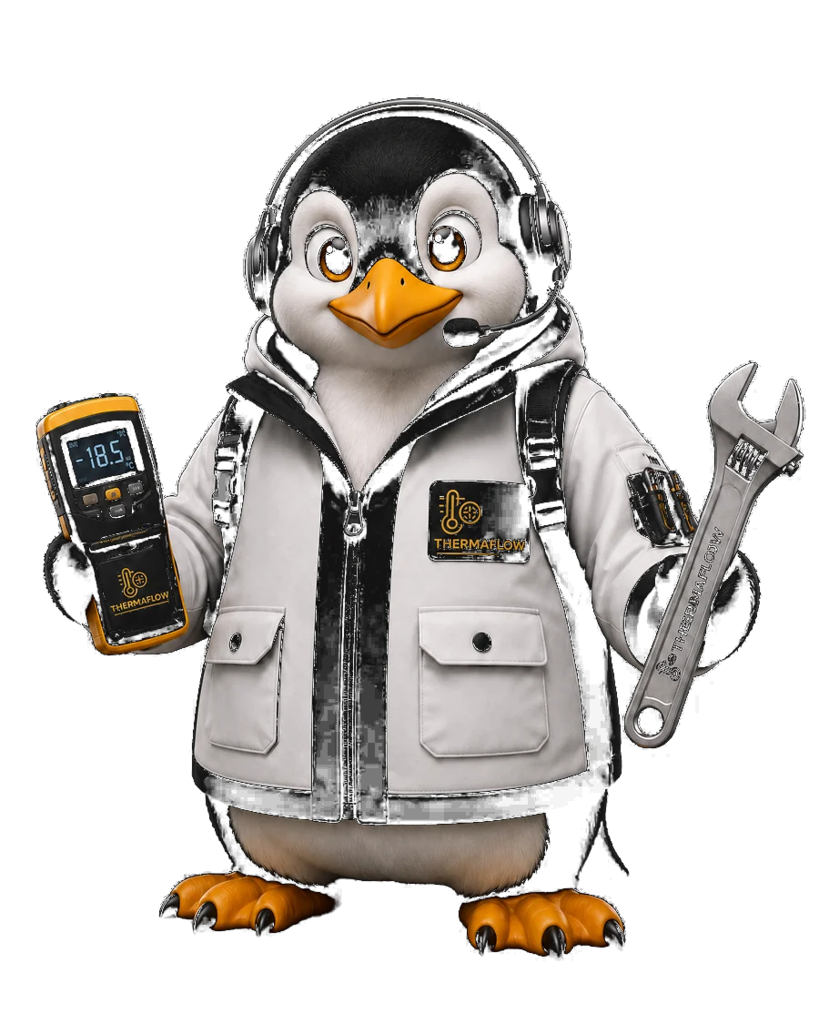 Mascote pinguim da THERMAFLOW com equipamento de medição e chave